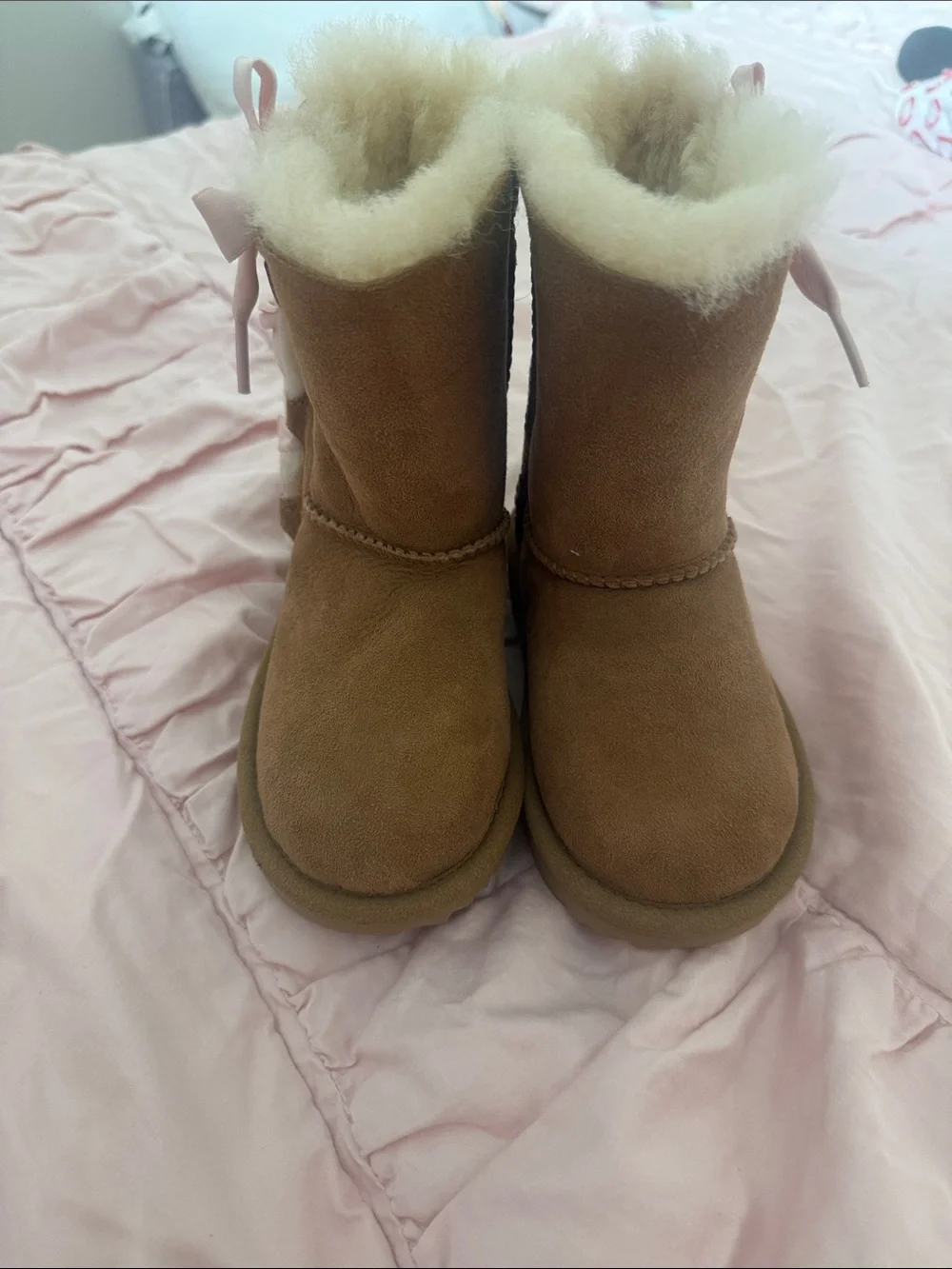 UGG Kids Chestnut Suede Boots with Pink Bow Trim